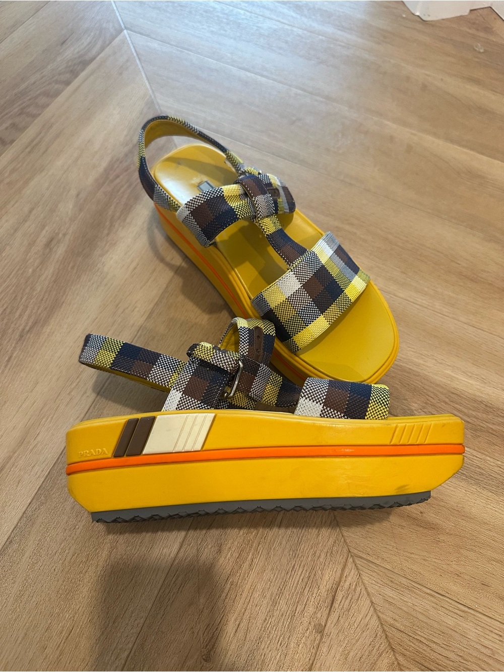 Prada Yellow Plaid Platform Sandals - Women's
